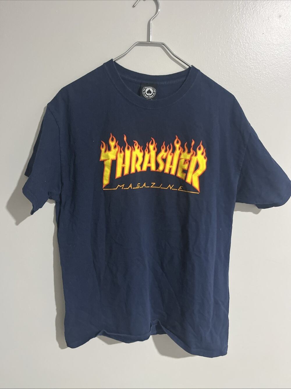Men's Thrasher Magazine Skateboard Flames Navy Blue Graphic T-shirt (Large)